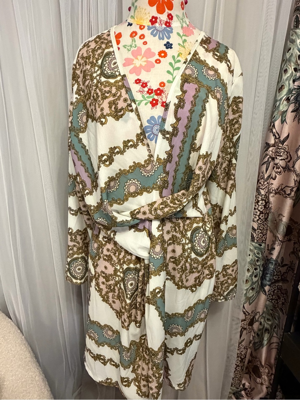 Boohoo White Paisley Print Mini Dress with Sage & Mauve Accents